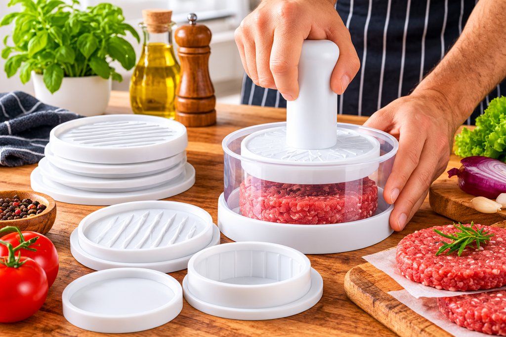 PRENSA HAMBURGUESA 5 EN 1 CON CAJA APILABLE 21,99 EUROS