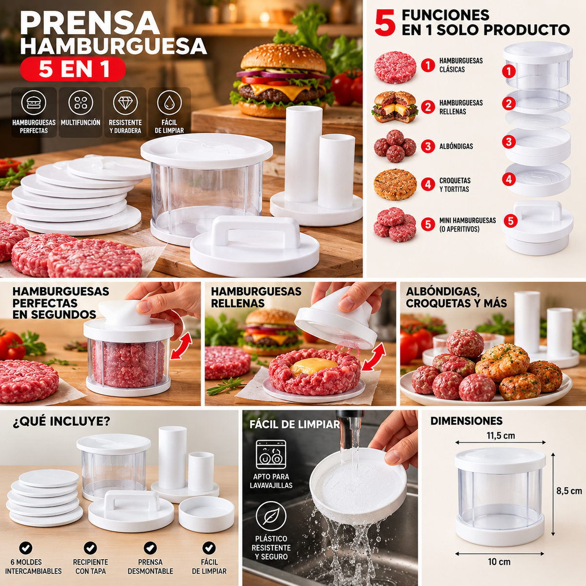 PRENSA HAMBURGUESA 5 EN 1 CON CAJA APILABLE 21,99 EUROS